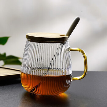 禾艾苏（heisou）耐热玻璃杯办公杯咖啡杯牛奶杯竖纹水杯 竖纹杯600ml(盖+勺子）