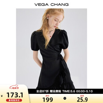 VEGA CHANG赫本风可盐可甜连衣裙女夏气质黑色收腰法式小众裙子 落日黑 M