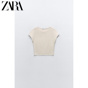 ZARA24春季新品 女装 棉及莫代尔混纺圆领短袖T恤 3641325 806 米色 S (165/84A)