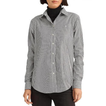 拉夫劳伦（Ralph Lauren）女士衬衫 Striped Button 新款时尚休闲百搭条纹纽扣上衣衬衫 Black/White XXS
