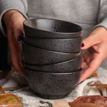 丝贝美瓷 日式饭碗创意粗陶餐具黑色复古小碗瓷碗米饭碗家用吃饭陶瓷碗套装 4.5英寸直口饭碗5只装