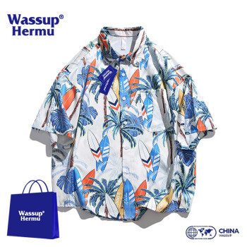 WASSUP HERMU夏季夏威夷花衬衫短袖男薄款海边沙滩休闲衬衣宽松上衣男衣服 奶白色 M（建议120-145斤）