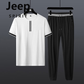 吉普（JEEP）潮牌休闲套装男夏季宽松大码潮流冰丝男士短袖T恤运动服装两件套 2073-白色套装 M