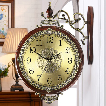 汉时(Hense)欧式双面挂钟客厅实木挂表创意经典两面时钟美式古典石英钟HDS24 棕色实木