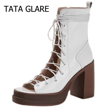 TATA  GLARE女鞋韩版ins潮真皮系带长靴鱼嘴鞋粗跟高跟防水台凉靴 米白色 34