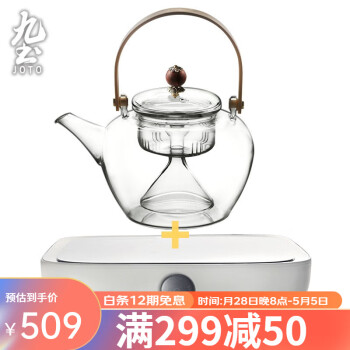 九土 日式手工玻璃茶壶煮茶壶竹提梁壶过滤耐热电陶炉茶具一壶两用 透明款+简二代白电陶炉 300ml