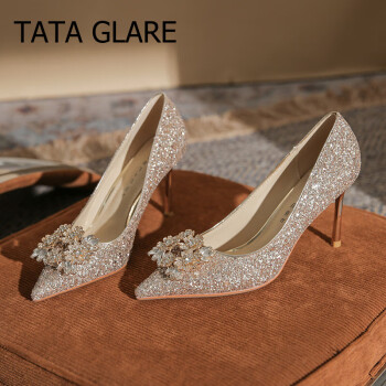 TATA  GLARE高跟鞋女细跟2023新款新娘婚纱水晶鞋尖头水钻方扣浅口单鞋 金色【8cm】 34