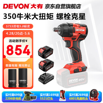 大有（Devon）20V无刷5733冲击扳手大扭矩工业级电动扳手双电5.0标充配套筒