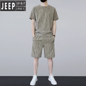 吉普（JEEP）冰丝短袖T恤套装男士运动服夏季新款潮牌搭配休闲短裤一套潮牌 861卡其套装 M