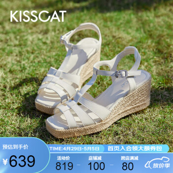 KISSCAT接吻猫2024夏季新款欧美露趾厚底罗马鞋时尚坡跟凉鞋女KA54304-11 暗米白色 36