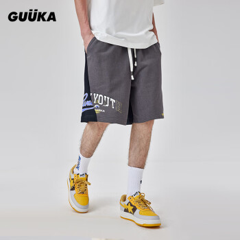 古由卡（GUUKA）复古灰色重磅短裤潮牌男夏季潮 朋克青年拼接廓型五分裤宽松 灰色 S