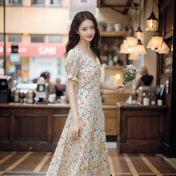 FOURDATRY反季碎花裙子连衣裙新款2024夏装女装中长裙夏季 碎花连衣裙 L(90-100斤)