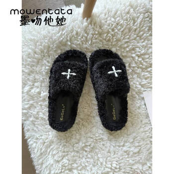 墨吻他她秋冬卷毛拖鞋女韩版时尚外穿低跟露趾一字毛毛拖鞋女 黑色 35