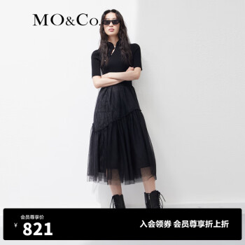 MO&Co.【中式】斜门襟高腰蓬纱改良旗袍连衣裙气质黑色裙子 黑色 M/165