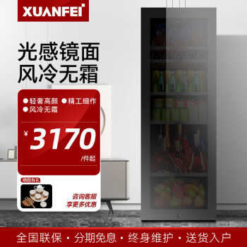轩菲（XUANFEI）冰吧冷藏柜家用恒温酒柜立式茶叶柜保鲜柜冰柜展示柜办公室透明玻璃单门小型冰箱 200L 1.28米高