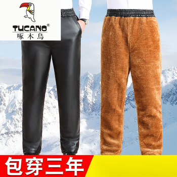 啄木鸟（TUCANO）冬季男士皮裤加绒加厚中人外卖代驾骑行防油防水防寒羊皮棉裤子男 松紧款皮毛一体+加厚黄金绒 XL体重100-120斤