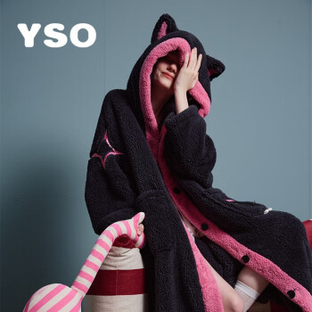 YSO【酷猫系列】睡衣女冬季珊瑚绒加厚睡袍猫耳法兰绒外穿家居服 青灰睡袍女 XS