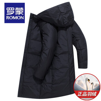 罗蒙断码处理中长款羽绒服男士加厚连帽白鸭绒休闲保暖中年爸爸冬外套 黑色 2XL(推荐155-175斤)