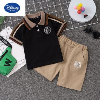 迪士尼（Disney）男童夏装短袖套装0-5岁儿童polo衫翻领T桖短裤2件套外贸童装 黑色 90cm
