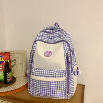 卡拉羊（KALA·Y）书包女生初中生大容量韩版双肩包高中大学生格子休闲揹包旅行包女 紫色无挂件