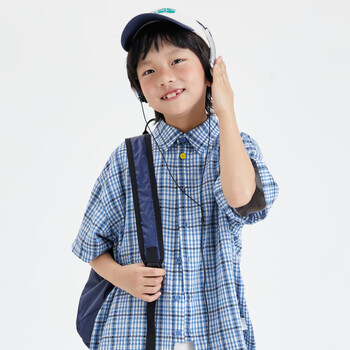 mipo儿童日潮格子衬衫男女童短袖衬衣轻薄快干外套百搭 夏日海洋 110cm