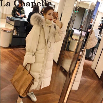 拉夏贝尔大毛领棉服女中长款过膝韩版宽松女士服新款百搭时尚棉服女 米白色 毛领可拆卸 S 建议105斤以内