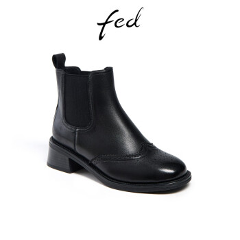 FED2024新款英伦风短靴女冬季新款靴子加绒切尔西靴皮靴烟筒靴女款 黑色-单里 35