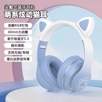 惠普2024款猫耳朵头戴式蓝牙耳机LED无线耳麦可爱猫耳发光渐变插卡 蓝色