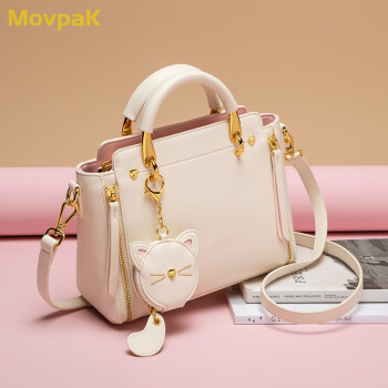 MOVPAK2024新款包包女包单肩包女士斜挎包手提包猫猫挂饰包 米白色
