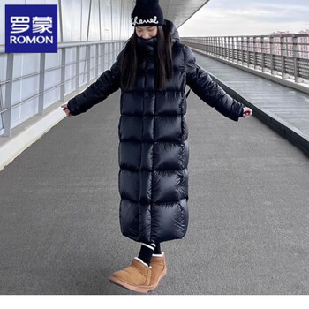 罗蒙（ROMON）黑金亮面羽绒服女长款加厚过膝男女情侣款黑金免洗外套 长款 M 110斤以下