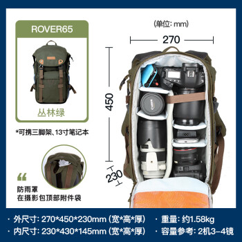 埠帝吉多喜winer专业摄影包双肩单反微单相机背包大容量防水轻便登机 军绿ROVER65全开