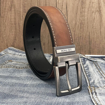 LEE-THOM男士针扣皮带2024新款复古做旧防磨牛皮年轻人搭牛仔裤休闲裤腰带 一面棕色 一面黑色，双面使用 100cm 合适29-30裤子号