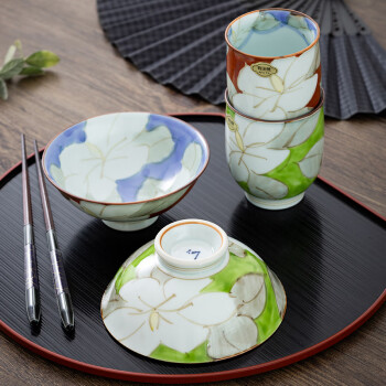 千代源有田烧花朵手绘陶瓷碗 日本进口釉下彩家用小碗汤碗饭碗日式餐具 栀子花-绿色饭碗