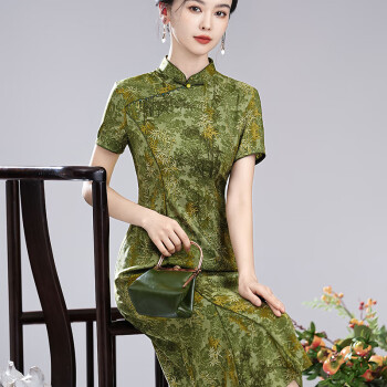 乌拓香云纱旗袍高档秀观唐百竹2024春夏装新款复古仿中国风女装修身裙 绿色 M