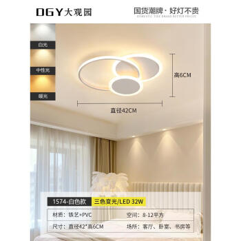 大观园（DGY）客厅灯简约现代客厅主灯LED吸顶灯卧室灯创意极简家用大气灯具 健康护眼白色-42CM-三色-32砙