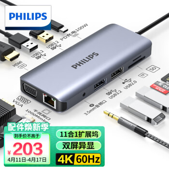飞利浦Type-C扩展坞USB-C转HDMI雷电4拓展坞60Hz网线音频口转接头USB3.2分线器通用苹果15电脑华为笔记本