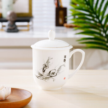 瑞玖（RUIJIU） 实用茶杯带盖水杯骨质瓷陶瓷杯会议杯男女办公杯子 水墨虾 1个 350ml