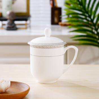瑞玖（RUIJIU） 实用茶杯带盖水杯骨质瓷陶瓷杯会议杯男女办公杯子 流金岁月 1个 350ml