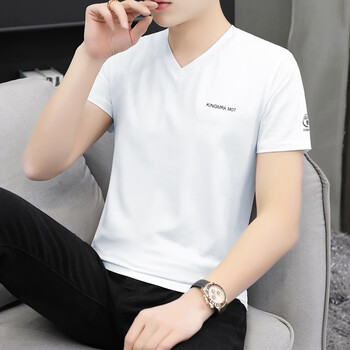 吉普盾（JPDUN）2024年新款时尚夏季潮流百搭中青年男装体恤衫纯棉修身短袖男v领 白色字母印花 高品质 不变形 可联系客服尺码