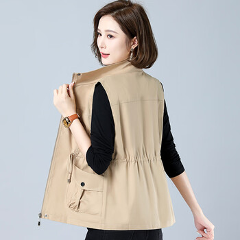 诗兰哥弟菲短款马甲女春秋休闲外穿背心2024新款中年百搭坎肩马夹潮 卡其色【有里布】 M