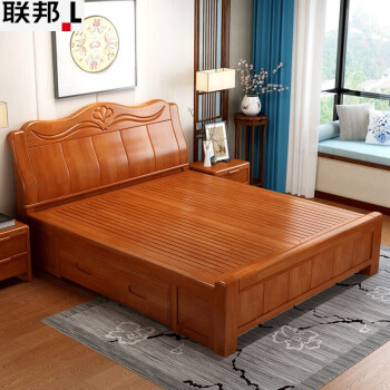 联邦（LANDBOND）家具1米8橡木实木床双人床现代简约木头床1.5储物大床200x220 海棠色 1500mm*1900mm气压结构