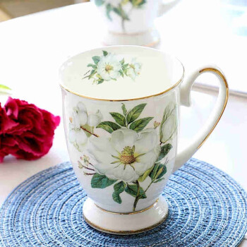 品来运创意陶瓷马克杯家用喝水杯子带盖情侣对杯咖啡杯大容量早餐 茶花皇室杯+勺+盖(300ml)