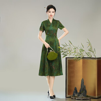 秀觀唐碧青2024夏装新款汉交领新中式国风女装日常修身旗袍连衣裙 绿色 XL