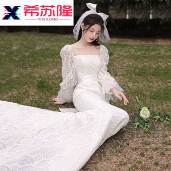 希苏隆圣莱妮法式轻婚纱蕾丝新款新娘结婚晚礼服旅拍气质鱼尾修身高级感 象牙白 XS