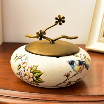 墨菲 美式创意个性带盖烟灰缸陶瓷大号烟缸家用欧式客厅复古收纳盒 鸟啼花语