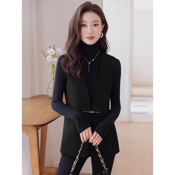 诗兰哥弟菲西装马甲女款春秋无袖背心2024新款上衣休闲宽松韩版简约马夹坎肩 黑色 S 建议80-99斤