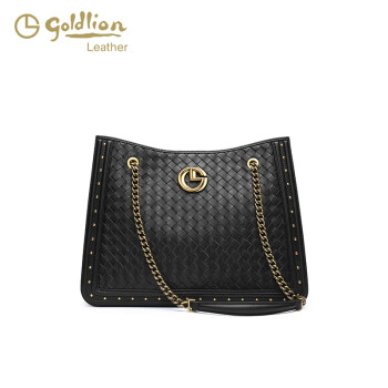 金利来（Goldlion）2023新款包包真皮大容量编织手拎手提包包通勤单肩托特包女 黑色