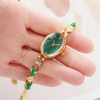 时光一百（TIME100） 复古轻奢时尚女士手表天然玉髓弧形玻璃镜面镶嵌珠宝石英手链表 绿色
