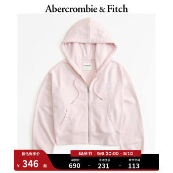 ABERCROMBIE & FITCH女装 24春新款小麋鹿休闲拉链外套毛圈布连帽卫衣 358698-1 浅粉色 S (165/92A)