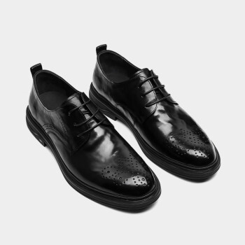 保罗骑士（PALMPOLO）男鞋2024春季新商务正装皮鞋舒适透气真皮软底德比鞋婚鞋 黑色 38